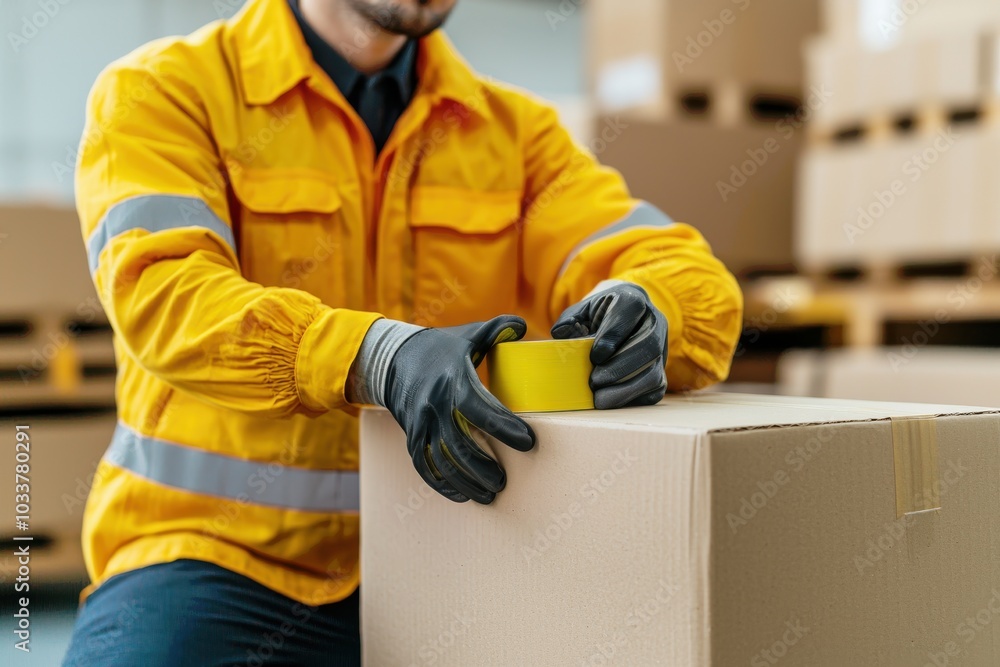 Poster a worker in a yellow jacket uses tape to secure a cardboard box in a warehouse filled with stacked b