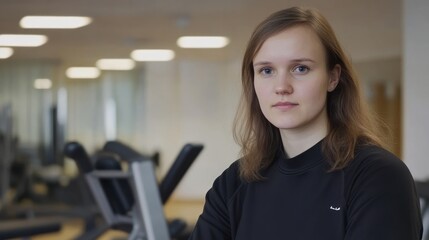 Fototapeta premium Young Woman in a Black Shirt Standing in a Gym