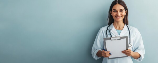 Smiling doctor with clipboard on blue background