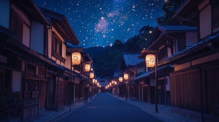 Fototapeta premium A calming view of a Japanese street at night, illuminated by delicate lanterns casting warm light on wooden facades, under a vast starry sky that enhances the magical mood.