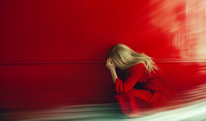 A woman in a red dress sits against a crimson wall, her face hidden in her hands, embodying solitude, emotional vulnerability, and quiet introspection.