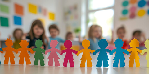 Rainbow colored paper human figures holding their hands on kindergarten or school background. Diversity and inclusion concept.