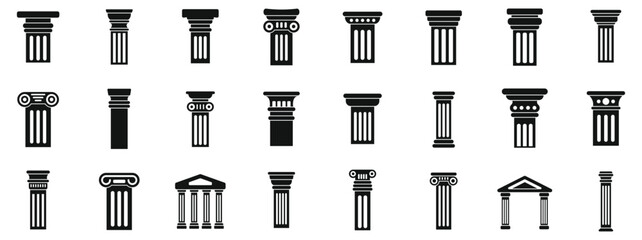 Greece pillar icons set. Set of architectural antique columns showing ancient greek style for building exterior and interior design
