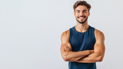 Young sport handsome man with beard over isolated white background posing with arms at hip and smiling. 