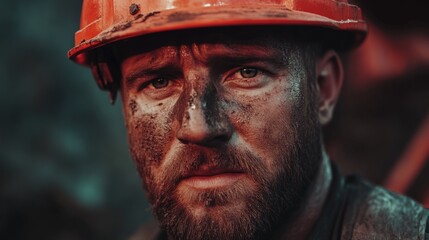Obraz premium Close up portrait of a mining worker or construction worker with a dirty face and a red safety helmet