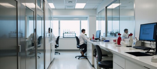 Modern science lab filled with cabinets desks tech gear  tools for analysis