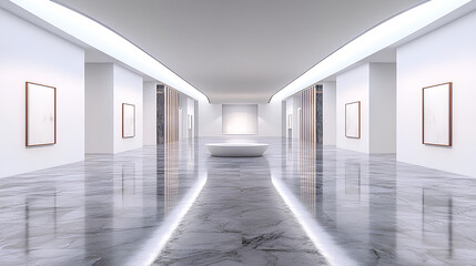 Obraz premium empty gallery space with a large blank white wall, marble floor, contemporary design, clear and minimalist concept