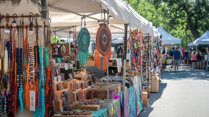 A craft market filled with booths selling handmade jewelry, textiles, and unique creations
