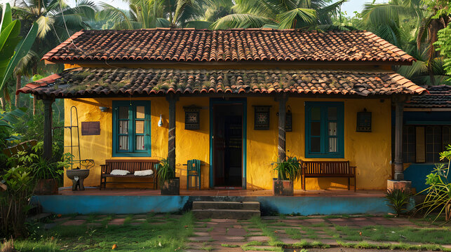 Indian house with traditional roof design at coastal side of Maharashtra