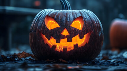 A spooky carved pumpkin lantern with glowing eyes and mouth