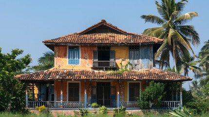 Indian house with traditional roof design at coastal side of Maharashtra