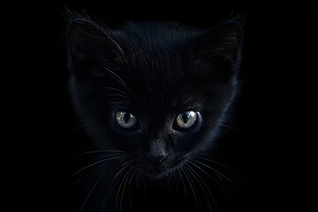 Fototapeta premium look from the dark, muzzle a cat on a black background, black kitten portrait close-up, friday 13th