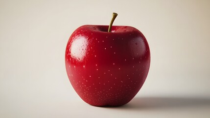 A vibrant red apple is captured with photorealistic detail against a creamy off-white background, showcasing its glossy skin and subtle yellow undertones in high-resolution macro photography.