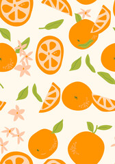 Abstract vertical orange poster, vector flat illustration. Summer or autumn bright pattern with tropical citrous fruit, modern cover design. Can used for labels, market ad, posters, covers for print.