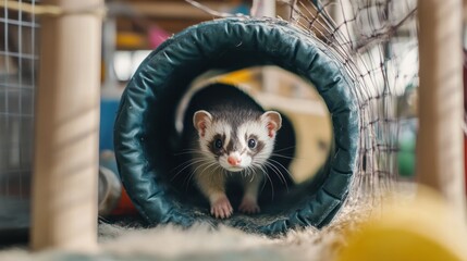 A ferret playing with toys inside a custom enclosure, full of tunnels and interactive elements