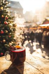 Naklejka premium Fresh hot mulled wine a wooden table on Christmas market. Decorated and illuminated outdoor tables of a restaurant of cafe. Snowy winter day.
