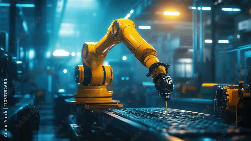 Poster yellow robotic arm performing tasks in a high-tech factory setting,