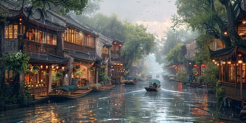Misty Jiangnan water town illustration of Wuzhen, showcasing traditional Chinese culture under light rain. Classic scene with ancient bridges, canals, and wooden houses, capturing the serene beauty of