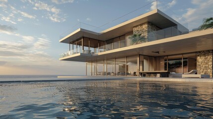 Fototapeta premium A contemporary villa by the ocean, with two stories