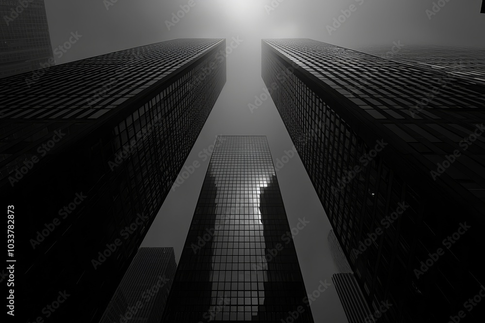 Poster a dramatic view of towering skyscrapers in a monochrome setting, creating a moody atmosphere.