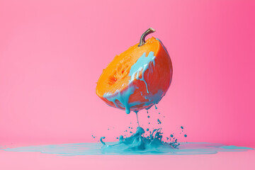 Fototapeta premium Floating pumpkin slice covered in blue paint against a pink background. Artistic twist on autumn themes with vibrant colors and surreal elements.