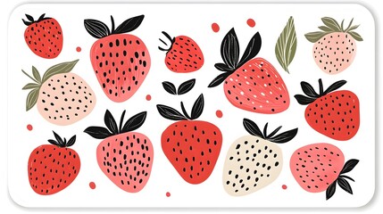 A square sticker with a white background, on which there is an illustration of strawberries in different shades of pink and red