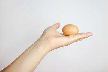 close up of asian man holding a raw brown chicken egg. Isolated on white background