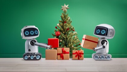 Obraz premium Robot Christmas Cheer: Two friendly white robots stand in front of a decorated Christmas tree, each holding a wrapped gift. This image evokes a sense of joy and warmth.