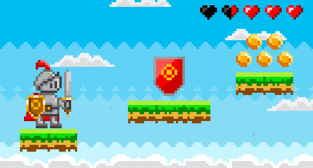 A pixel art knight holding a sword and shield is standing on a grassy platform against a blue sky, with floating coins, a shield power-up and hearts indicators. Ideal for retro gaming platformers