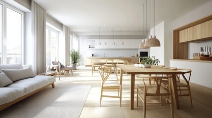 Fototapeta premium A clean and airy Scandinavian apartment with an open-plan living room and dining area, featuring minimalist furniture, light wooden accents, and large windows allowing plenty of sunlight.