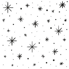 Simple black and white hand drawn snowfall background. Large and small snowflake icons. Vector illustration for winter designs
