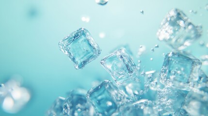 Obraz premium Ice cubes under water or on a light blue background