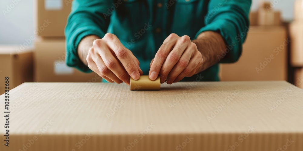 Poster a person is sealing a cardboard box with tape, preparing for packing, surrounded by other boxes in a
