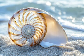 A stunning nautilus shell resting on warm sand, glistening in the sunlight with gentle ocean waves in the background.