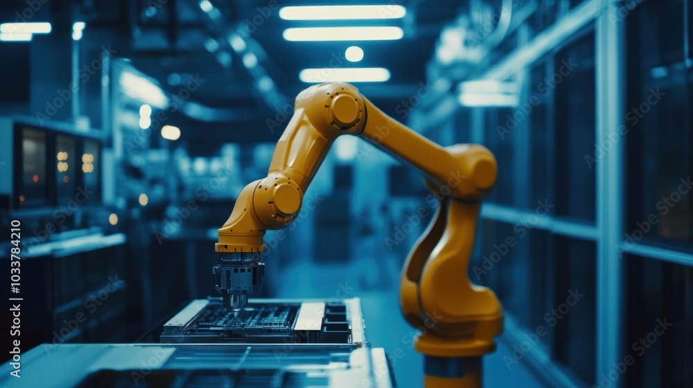 Poster yellow robotic arm performing tasks in a high-tech factory setting,