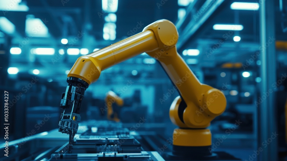 Poster yellow robotic arm performing tasks in a high-tech factory setting,