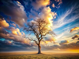 Obraz premium Stark Elegance: A Captivating Silhouette of a Lone Dead Tree Against a Serene Sky, Evoking Themes of Solitude, Natural Beauty, and Aerial Photography in Tranquil Landscapes