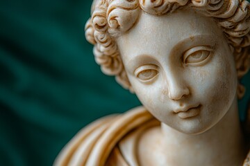 Obraz premium Close-up of a marble statue depicting a youthful male figure with curly hair against a deep green background.