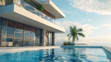 Fototapeta premium A contemporary villa by the ocean, with two stories