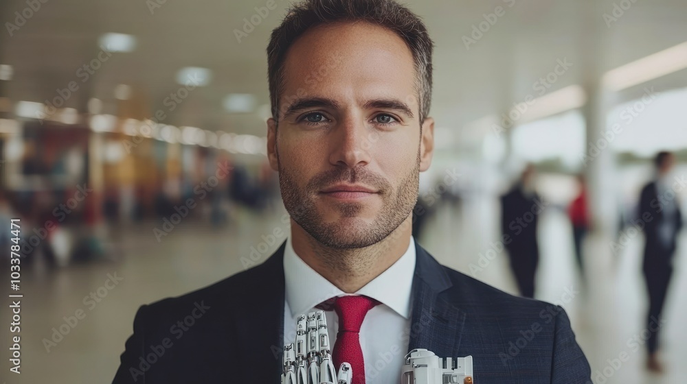 Aufkleber Man in Suit with Robotic Hand and Red Tie in Modern Office Building