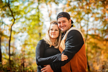 Fototapeta premium photo of harmony romantic couple in october autumn forest town park