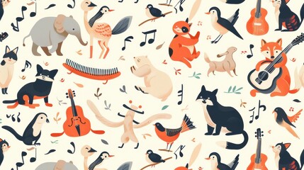 Seamless vector pattern with cute cartoon animals and musical notes.