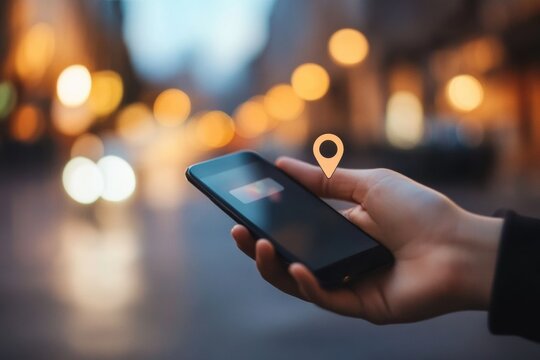 A user interacts with a mobile phone showing a location pin on the screen, illuminated by warm city lights in the background. Generative AI