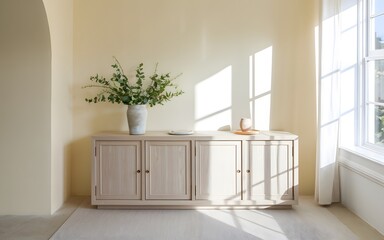 A simple colonial-style sideboard in a light wood finish rests against a soft cream wall.