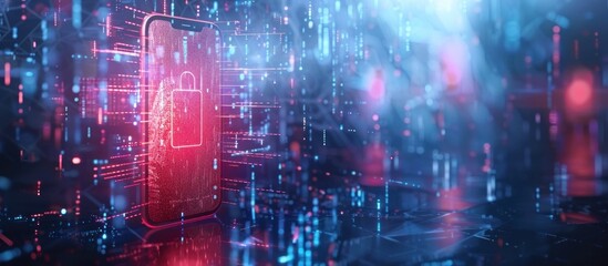 Fototapeta premium Futuristic urban landscape at night with glowing neon lights digital data and atmospheric reflections A sci fi city environment filled with high tech architecture energy and an enigmatic