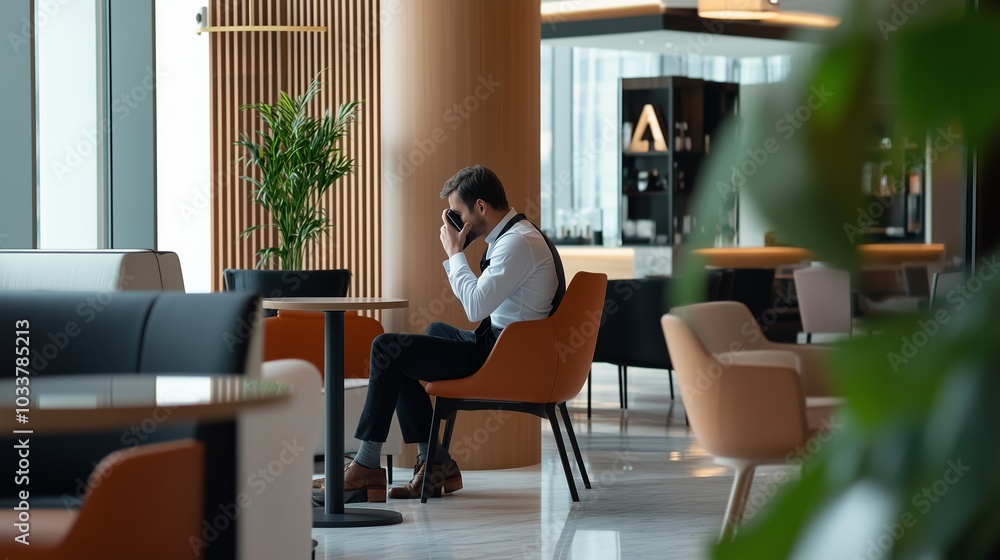 Poster a man in formal attire sits in a modern cafe, deep in thought while using a smartphone during the af