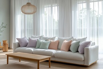 Fototapeta premium Minimalist, contemporary Scandinavian interiors in the living room with ceiling lights and art frames hanging and sofas and pastel-colored cushions. Generative AI 