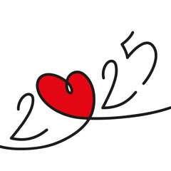 Carte de vœux 2025 sur le concept des rencontres et des relations amoureuses, symbolisé par un dessin au trait, d’un coeur rouge sur fond blanc.