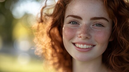 Fototapeta premium A close-up portrait of a person with freckles and curly hair, smiling into the camera, with natural sunlight creating a soft, glowing effect.