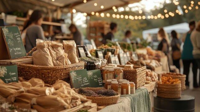 An eco-friendly market showcasing sustainable products, organic produce, and zero-waste options for conscious consumers